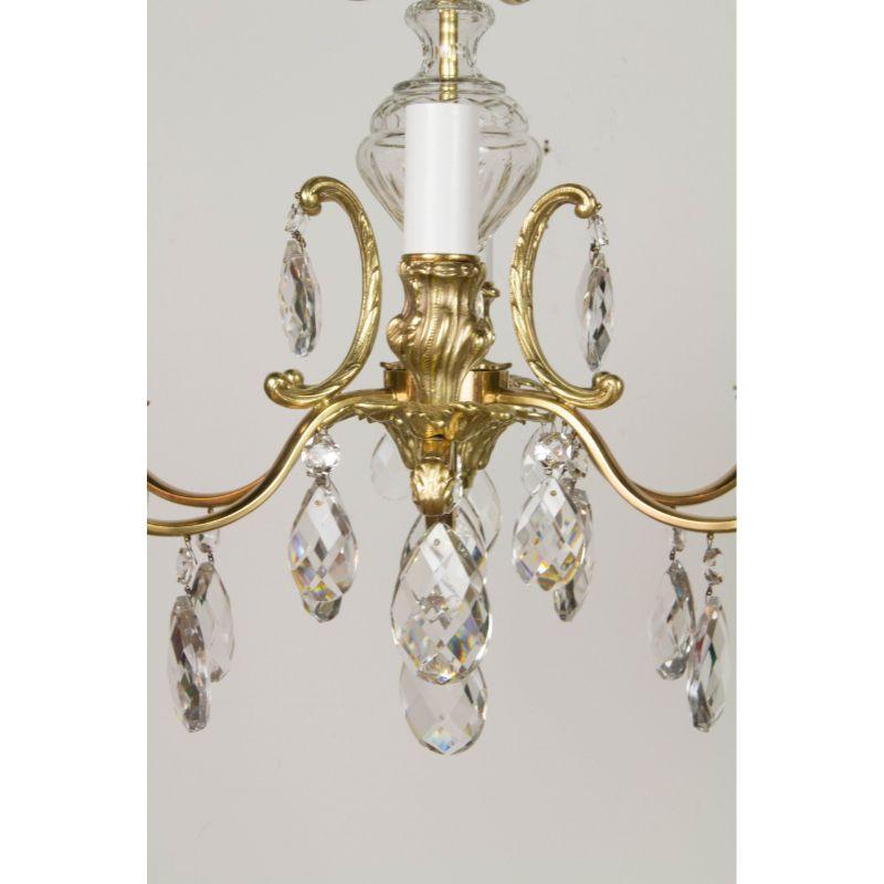 Swedish Brass and Crystal Chandelier with Six Lights In Excellent Condition For Sale In Canton, MA