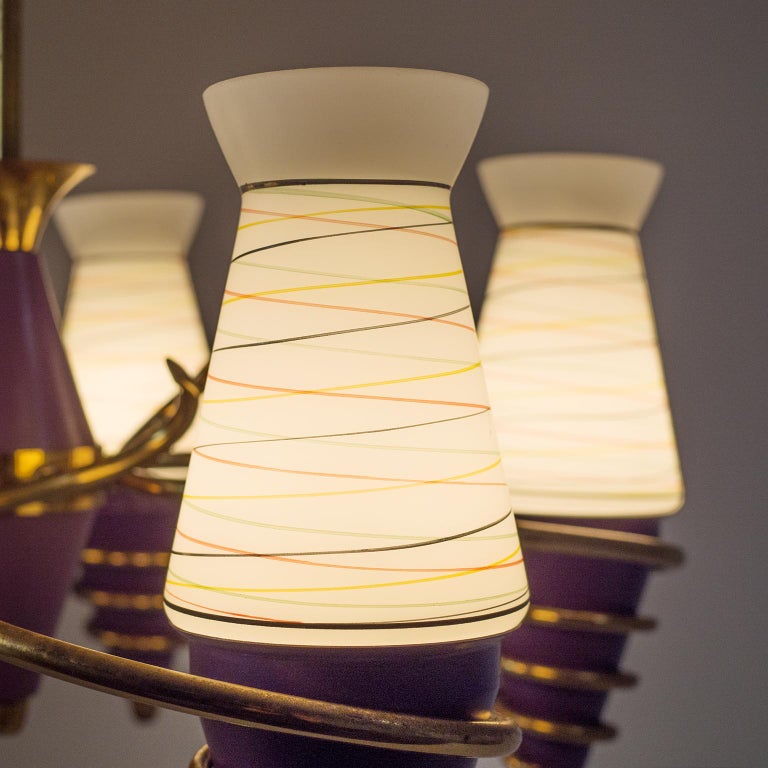 Swedish Brass and Enameled Glass Chandelier, 1940s For Sale at 1stdibs