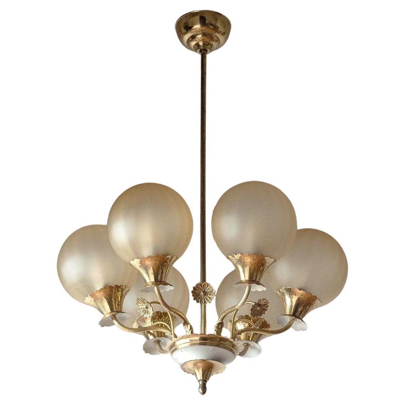 Swedish Brass and Glass Chandelier, 1940