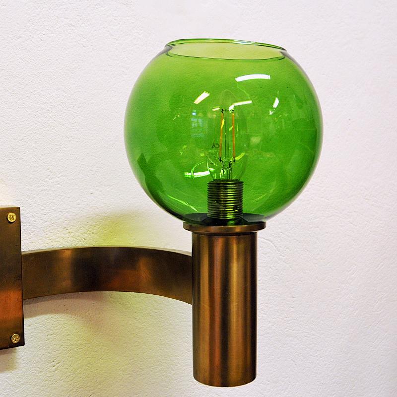 Mid-20th Century Swedish Brass and Green Glass Pair of Wall Lamps 1960s