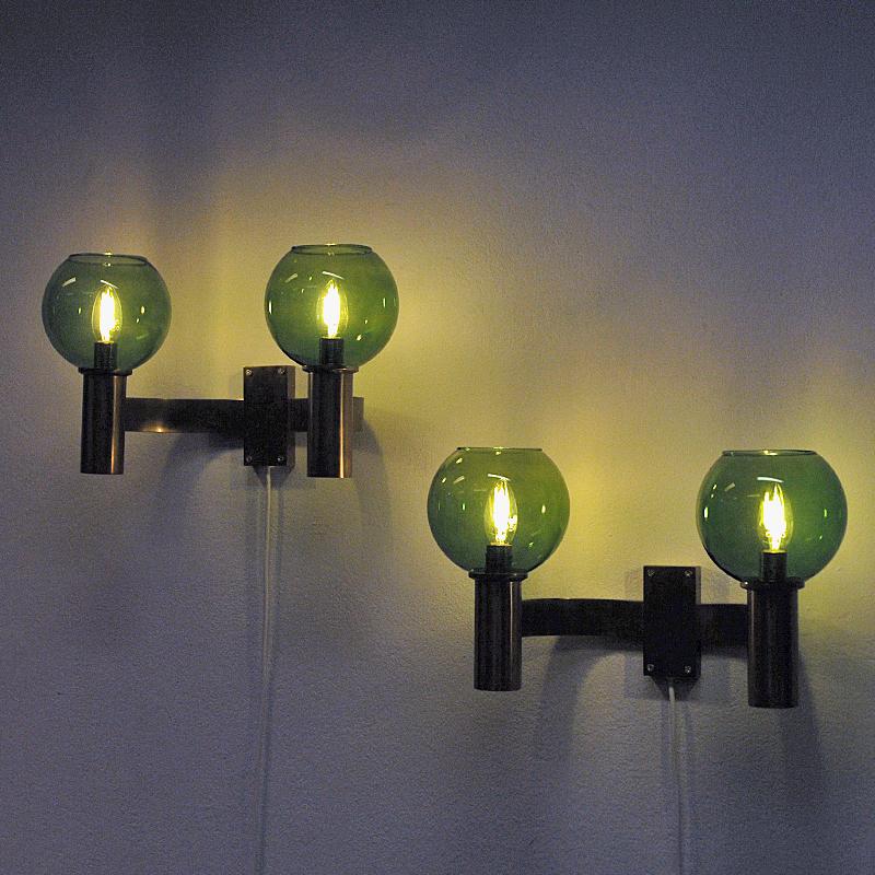 Swedish Brass and Green Glass Pair of Wall Lamps 1960s 1