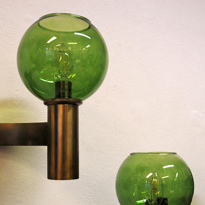 Swedish Brass and Green Glass Pair of Wall Lamps 1960s 3