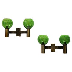 Swedish Brass and Green Glass Pair of Wall Lamps 1960s