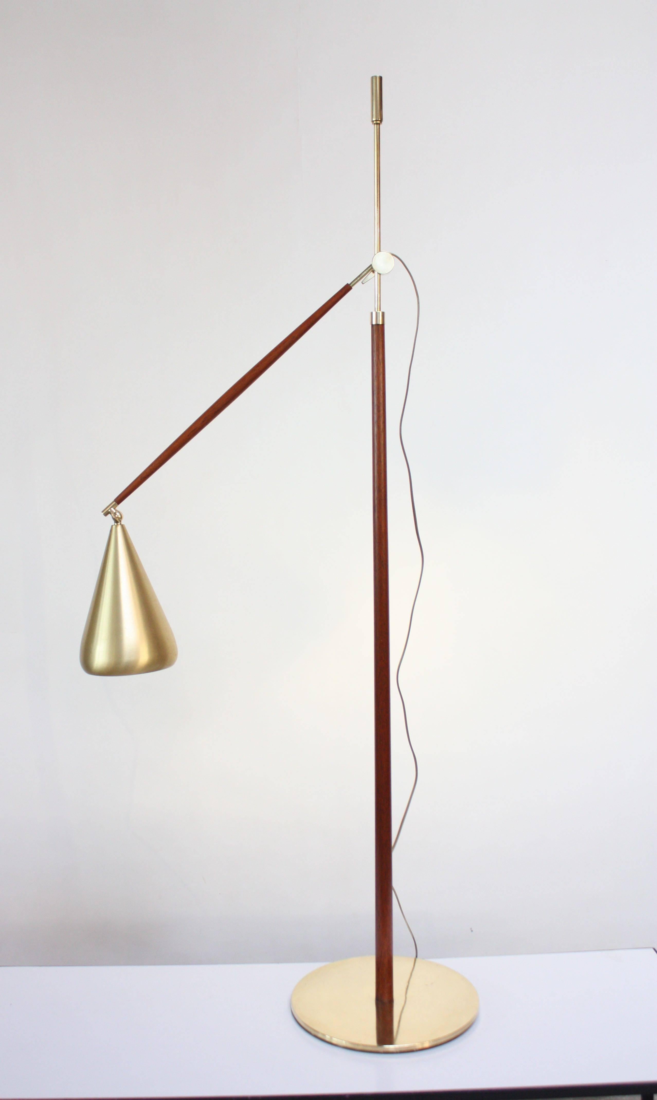 Mid-Century Modern Swedish Brass and Mahogany Adjustable Floor Lamp with Brushed Aluminum Shade