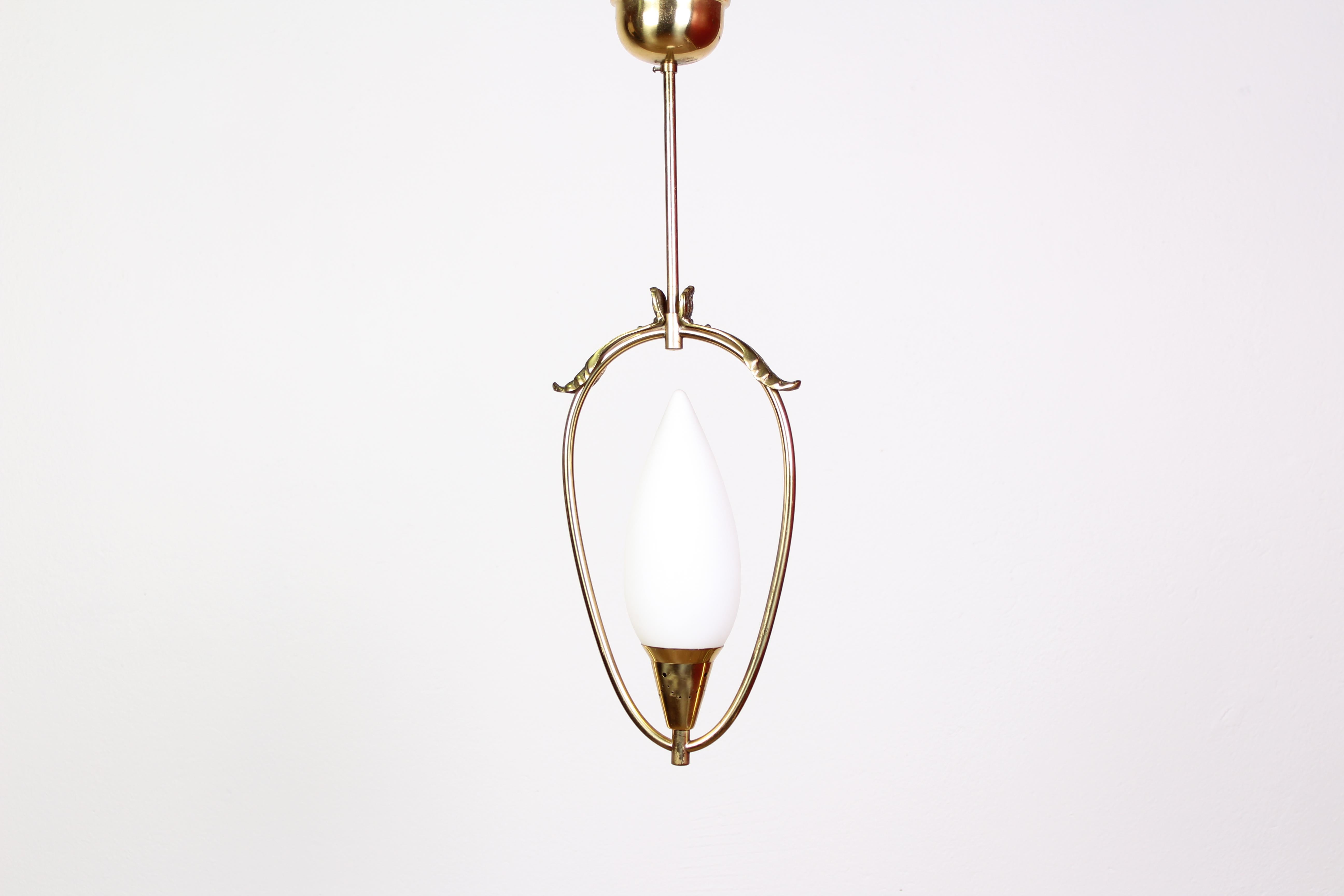 Scandinavian Modern Swedish Brass and Opaline Glass Ceiling Lamp, 1940s For Sale