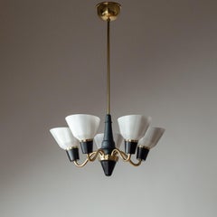 Swedish Brass And Striped Glass Chandelier, 1950s