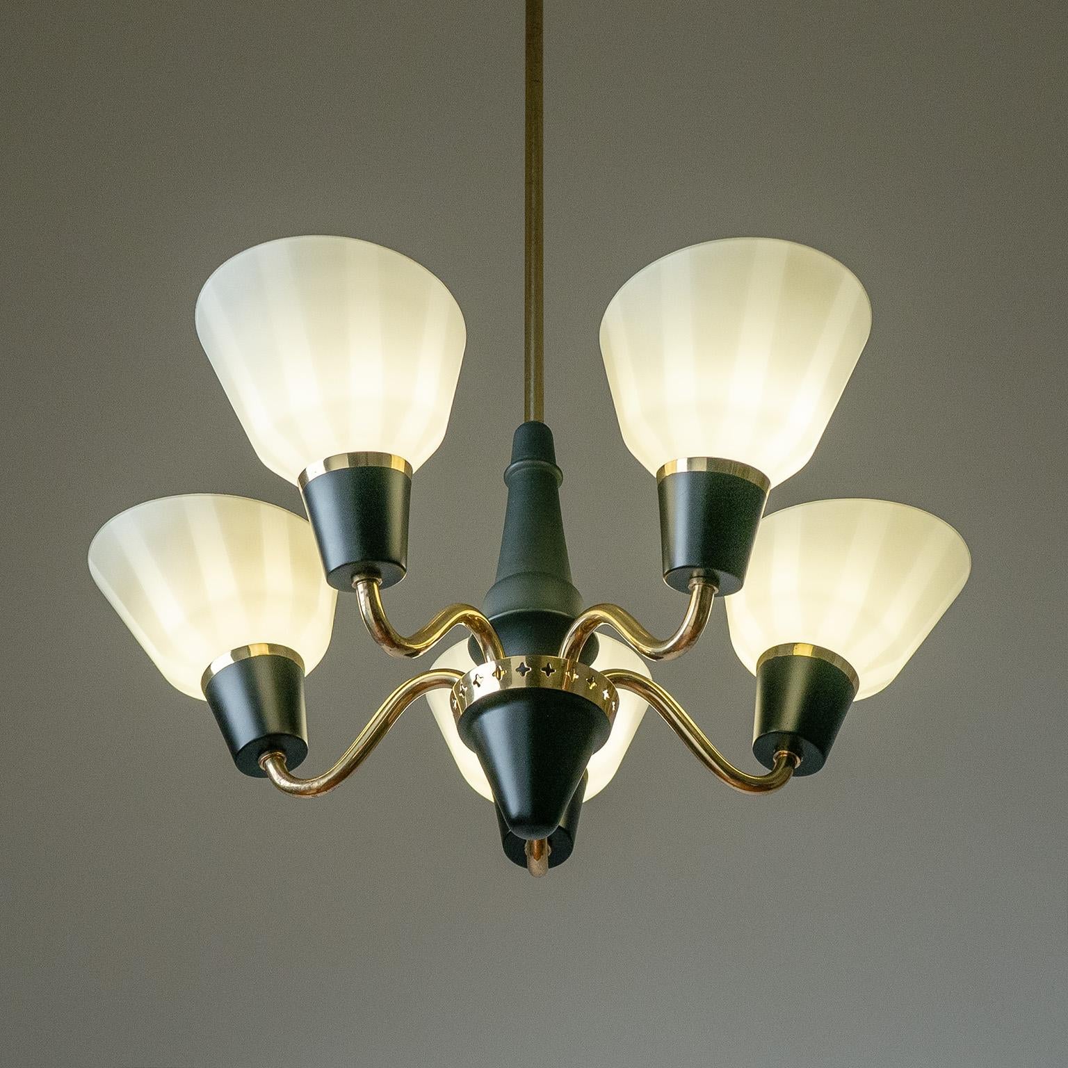 Mid-Century Modern Swedish Brass And Striped Glass Chandelier, 1950s For Sale