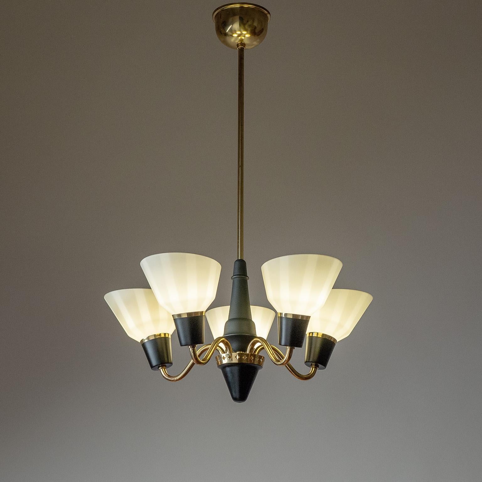 Swedish Brass And Striped Glass Chandelier, 1950s For Sale 3