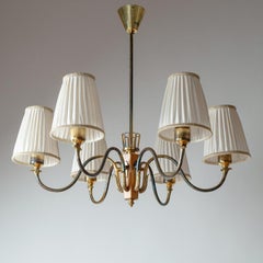Swedish Brass and Wood Chandelier, 1940s