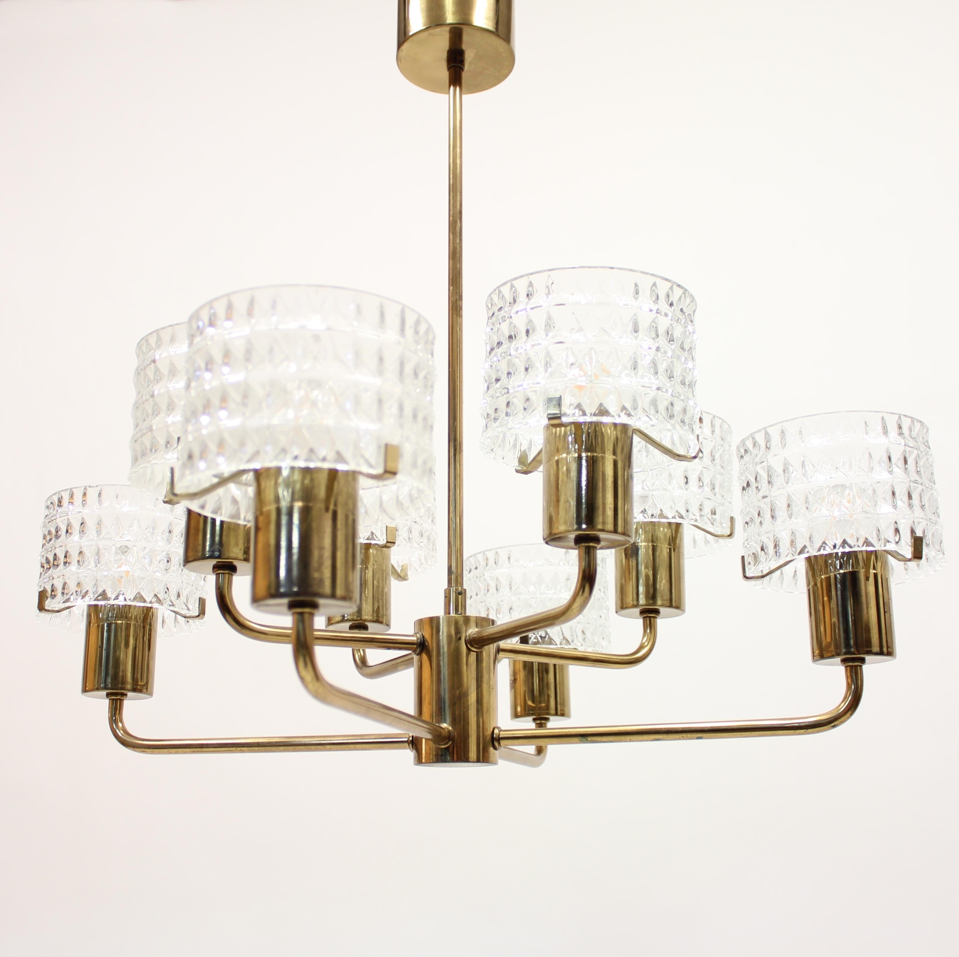 Scandinavian Modern Swedish Brass Chandelier with Glass Shades, 1960s