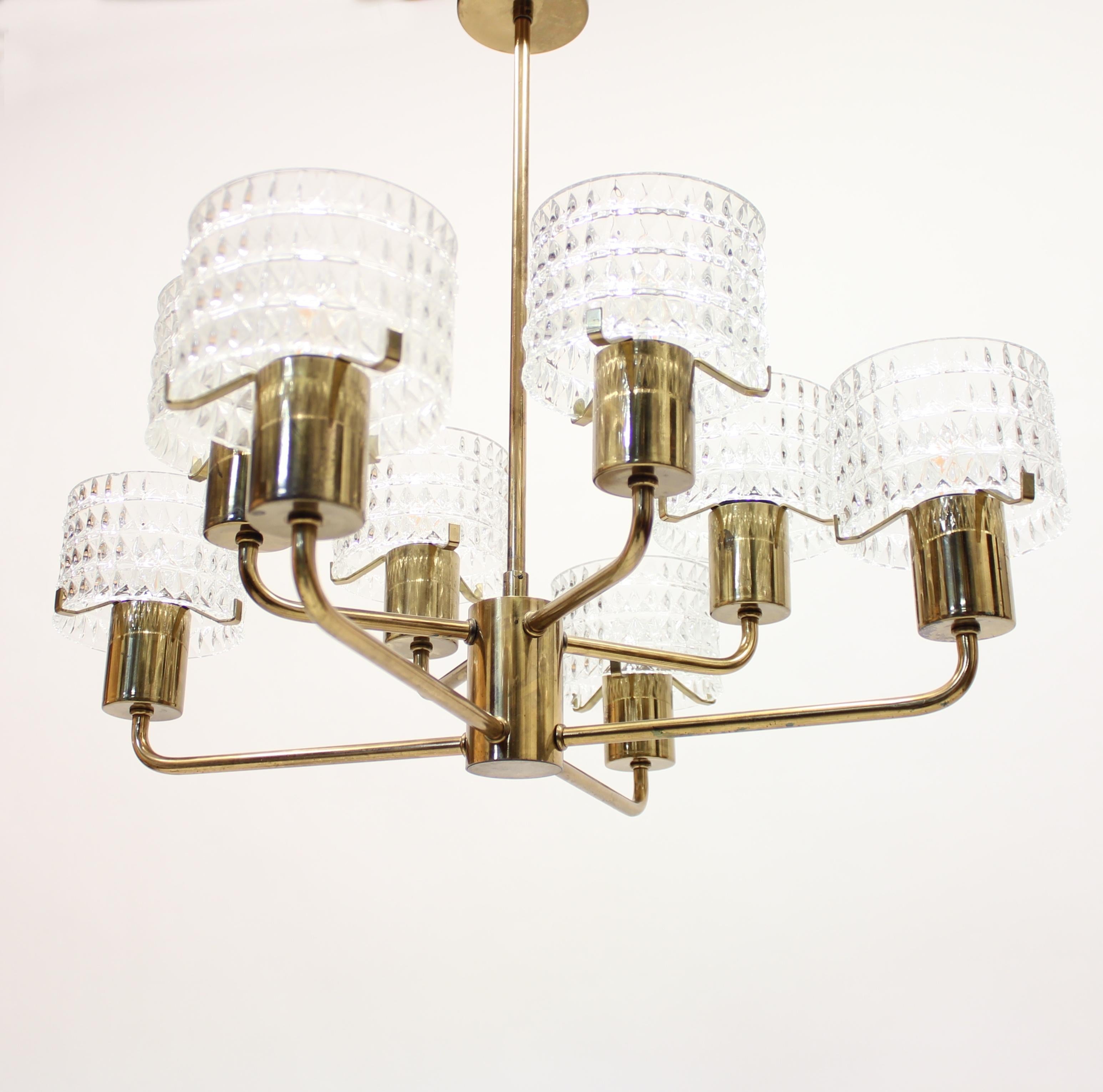 Swedish Brass Chandelier with Glass Shades, 1960s In Good Condition In Uppsala, SE