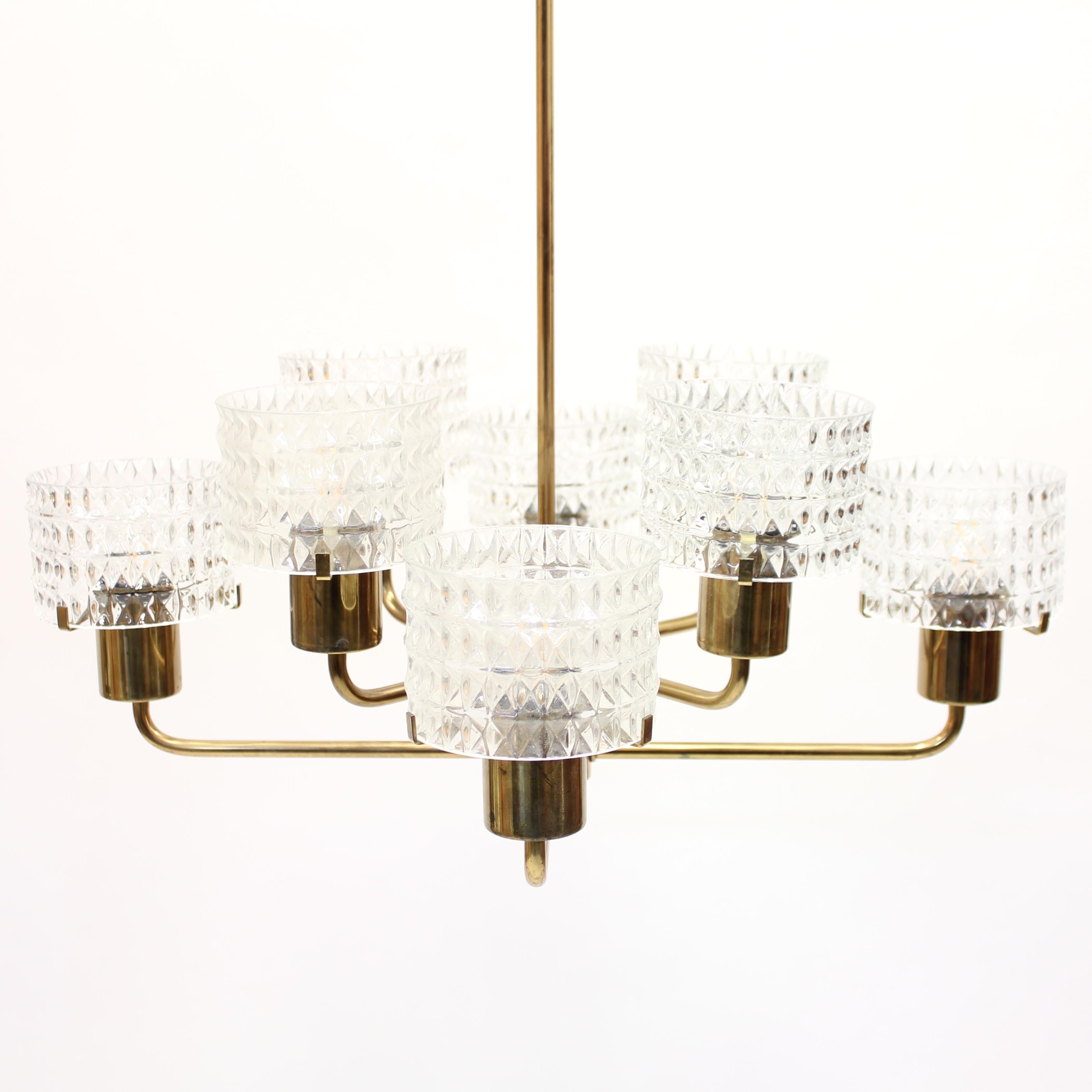 20th Century Swedish Brass Chandelier with Glass Shades, 1960s