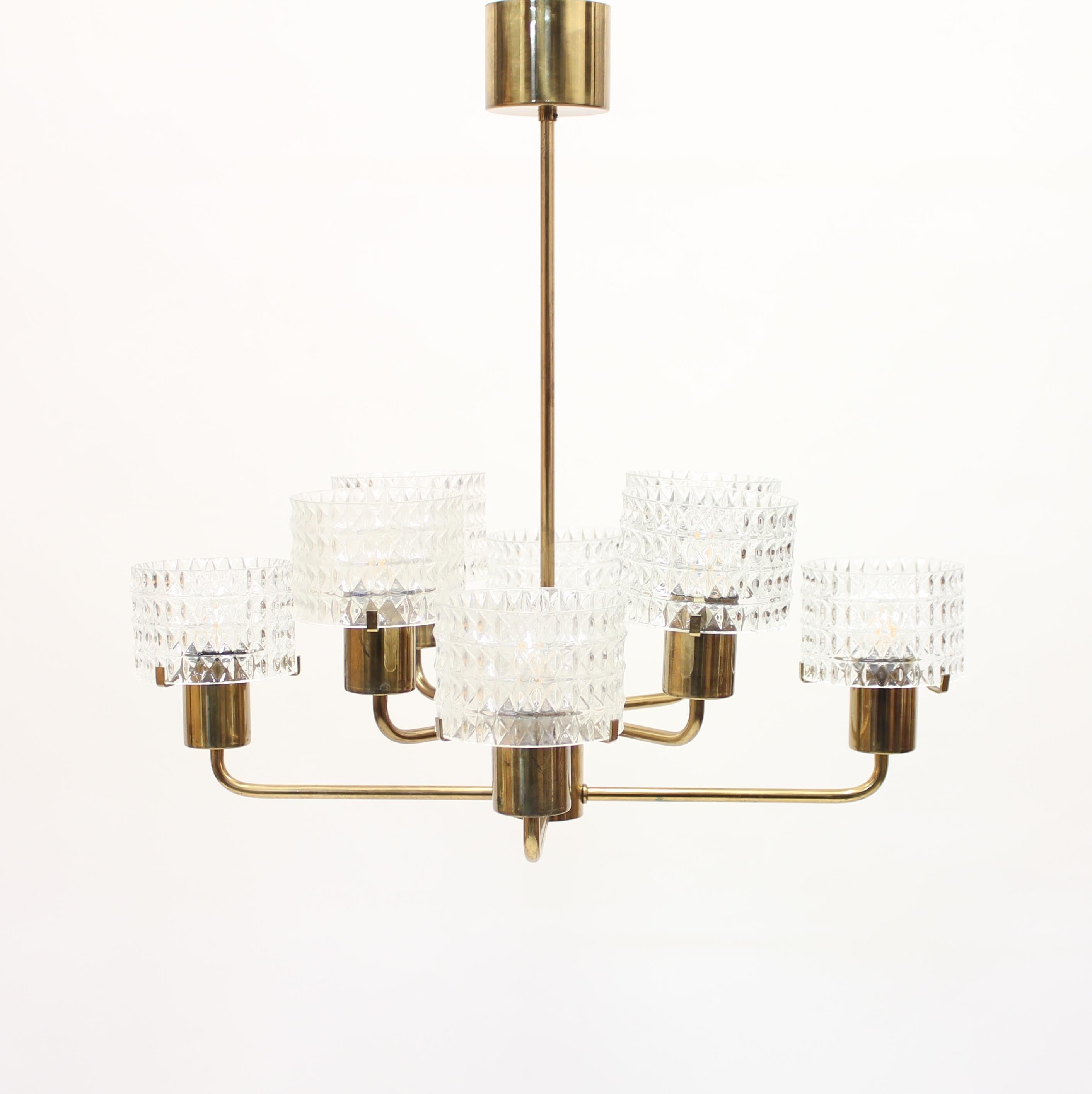 Swedish Brass Chandelier with Glass Shades, 1960s 1