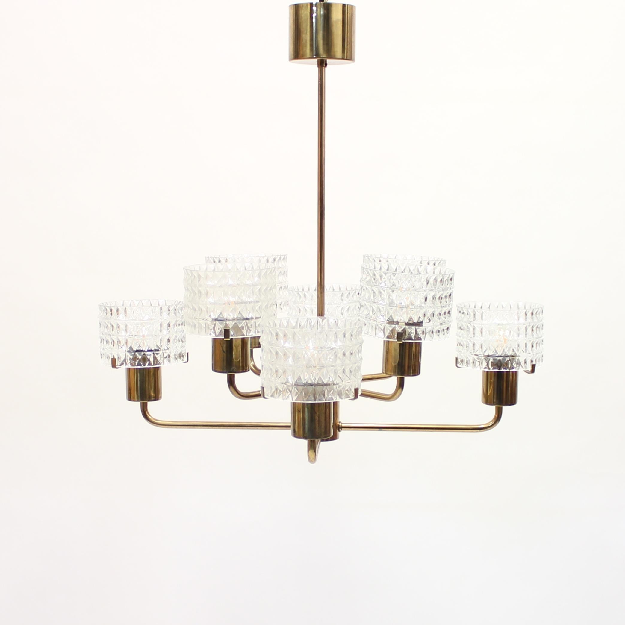 Swedish Brass Chandelier with Glass Shades, 1960s 2