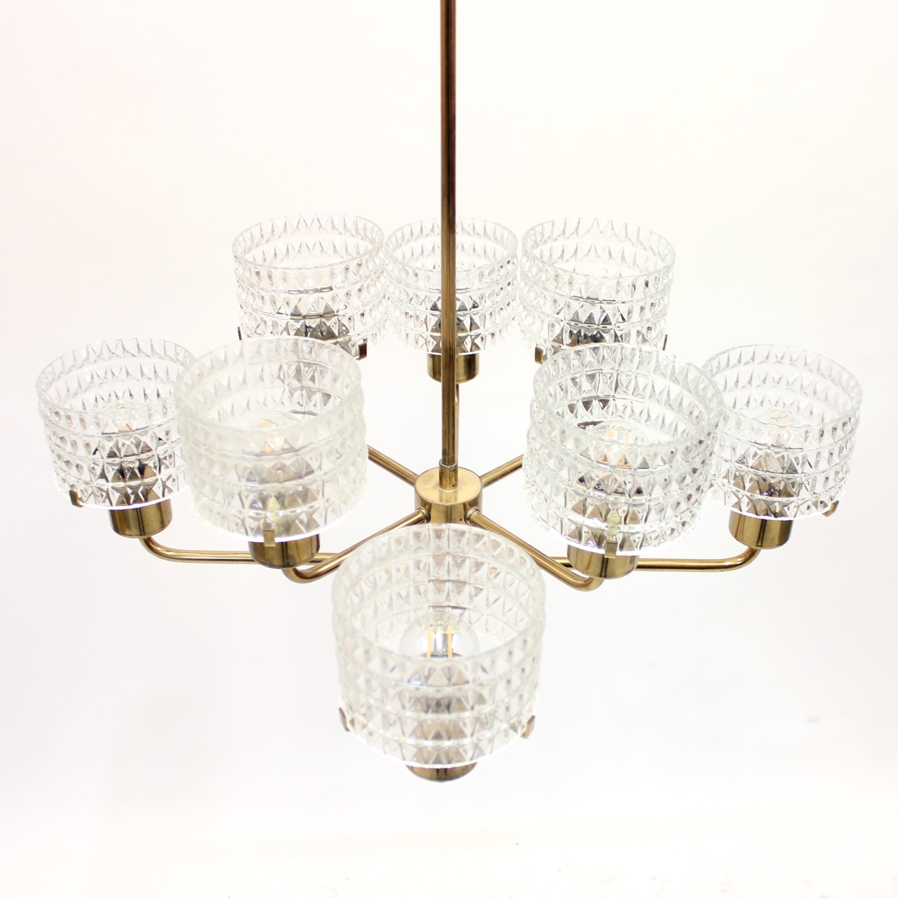 Swedish Brass Chandelier with Glass Shades, 1960s 3