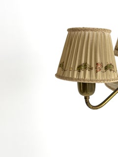 Swedish Brass Chandelier with Original Pleated Silk Shades