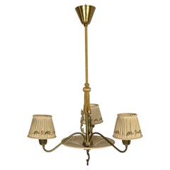Swedish Brass Chandelier with Original Pleated Silk Shades