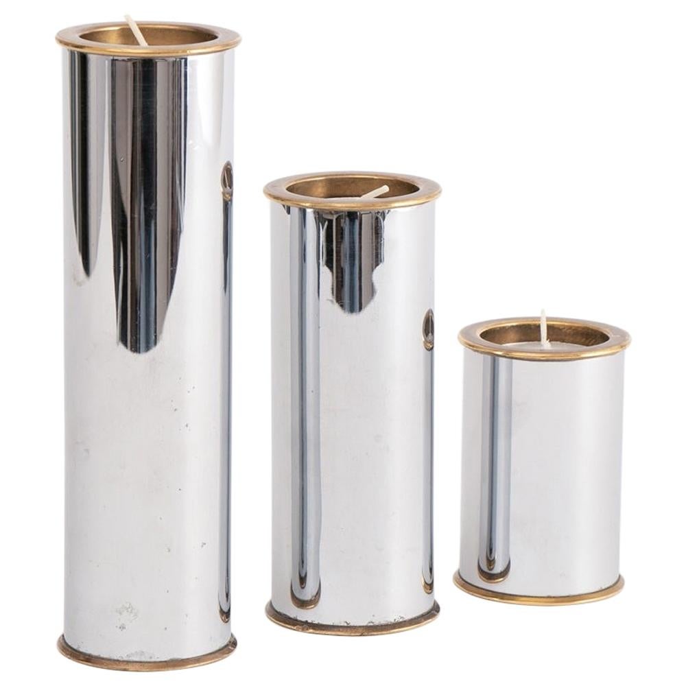 Swedish Brass & Chrome Modernist Candleholders by Staffan Englesson For Sale