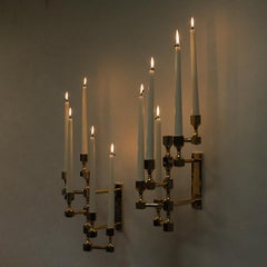 Swedish Brass Five-Arm Wall Candelabrum Pair by Lars Bergsten for Gusum, 1990s