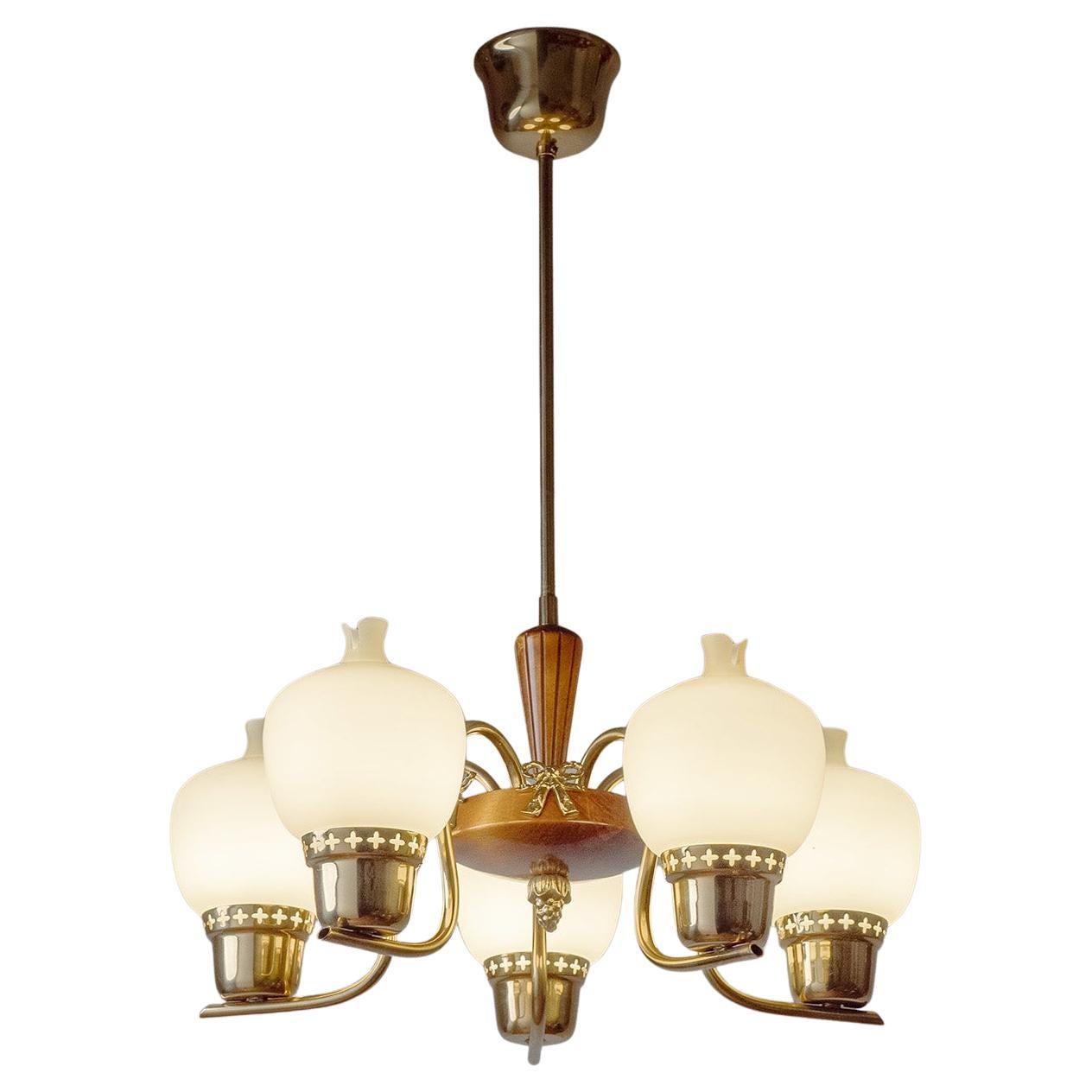 Swedish Brass, Glass And Wood Chandelier, 1950s