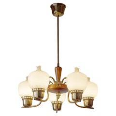 Swedish Brass, Glass And Wood Chandelier, 1950s