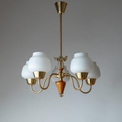 Swedish Brass, Glass And Wood Chandelier, circa 1950