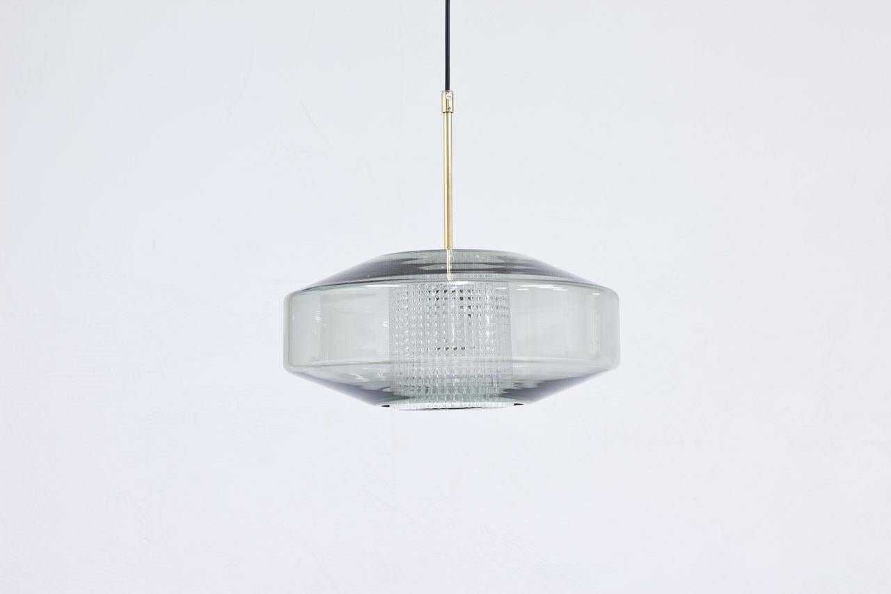 Swedish Brass & Glass Pendant Lamp by Carl Fagerlund for Orrefors, 1960s In Good Condition In Stockholm, SE