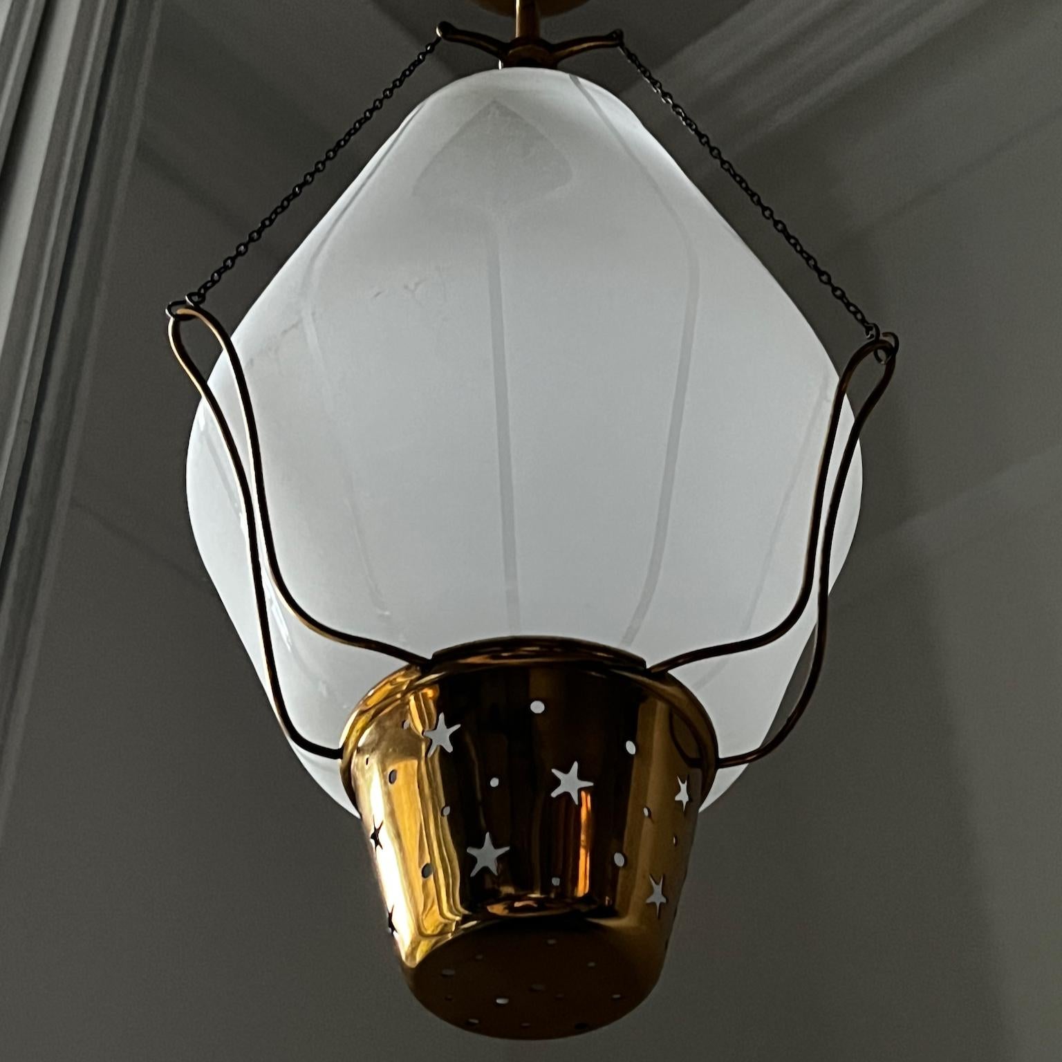Mid-Century Modern Swedish Brass Pendant Light with Etched Glass Shade and Openwork Details For Sale