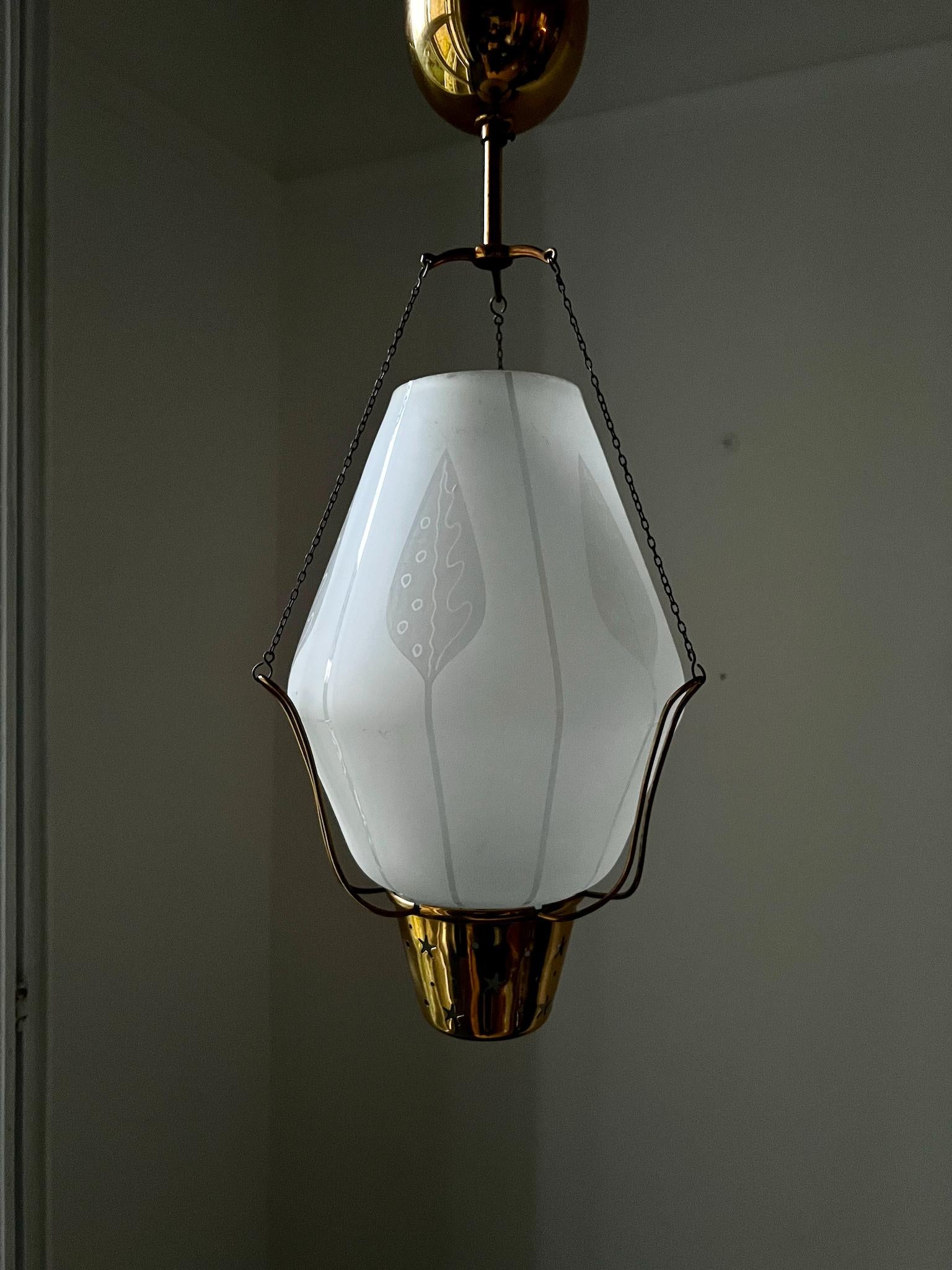 Swedish Brass Pendant Light with Etched Glass Shade and Openwork Details For Sale 1