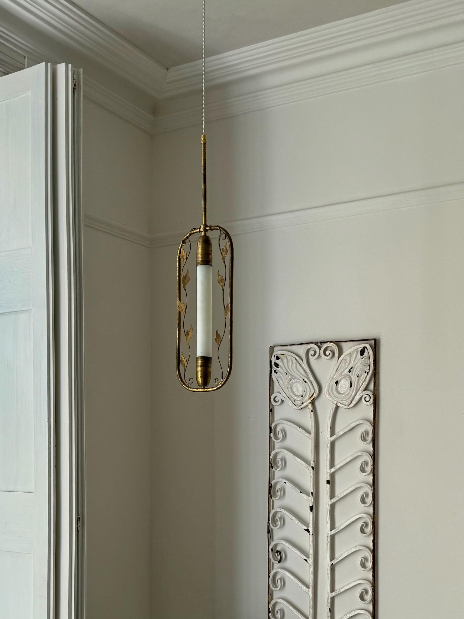 Swedish Brass Pendant Light with Leaf Decoration, Art Deco Style In Fair Condition For Sale In London, GB