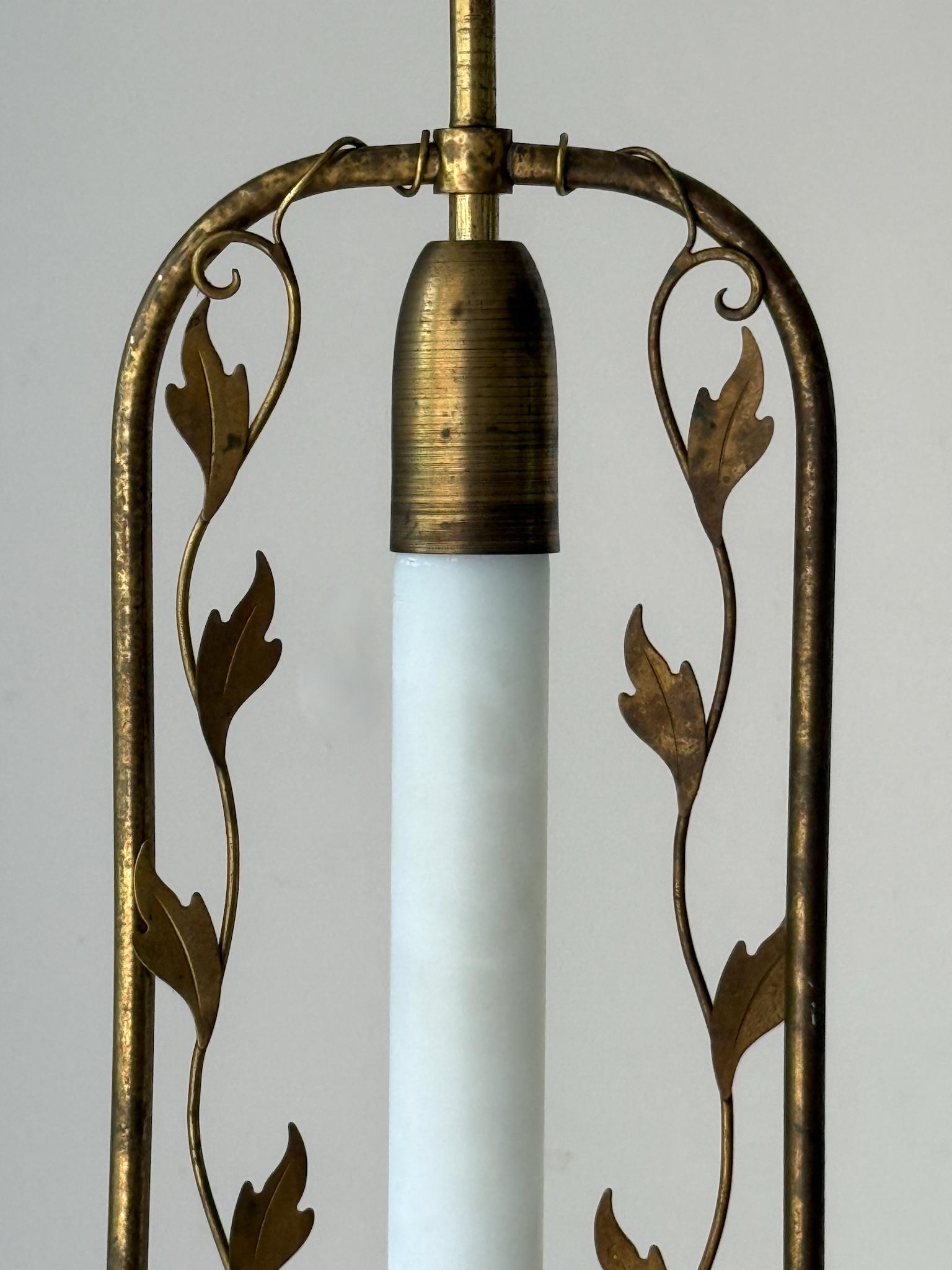 Swedish Brass Pendant Light with Leaf Decoration, Art Deco Style For Sale 1