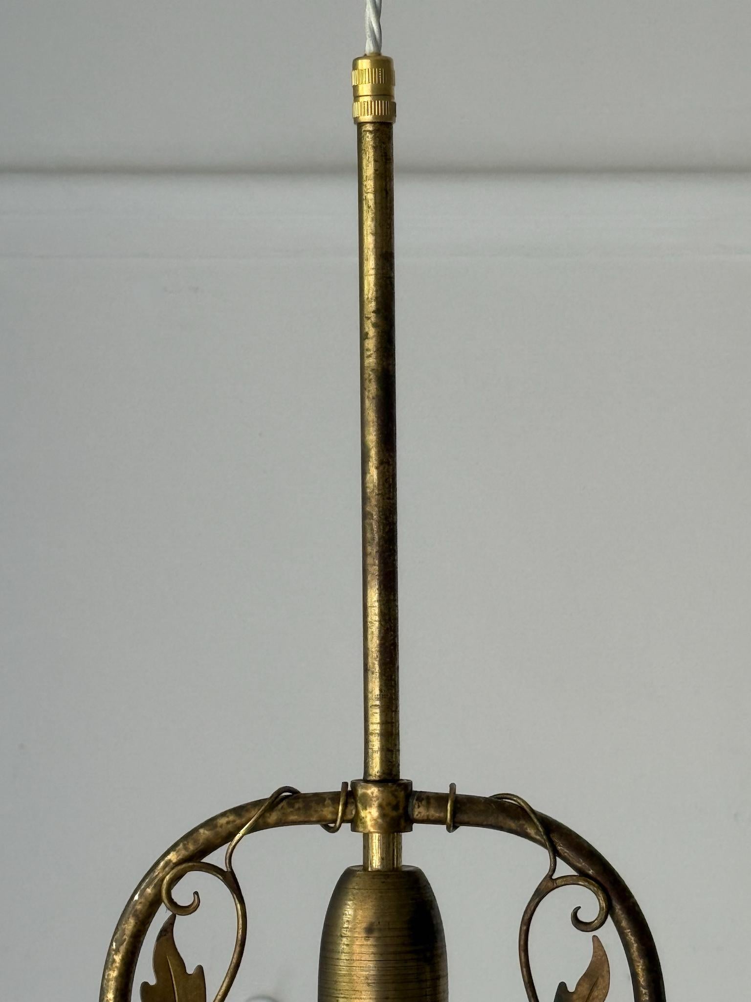 Swedish Brass Pendant Light with Leaf Decoration, Art Deco Style For Sale 2