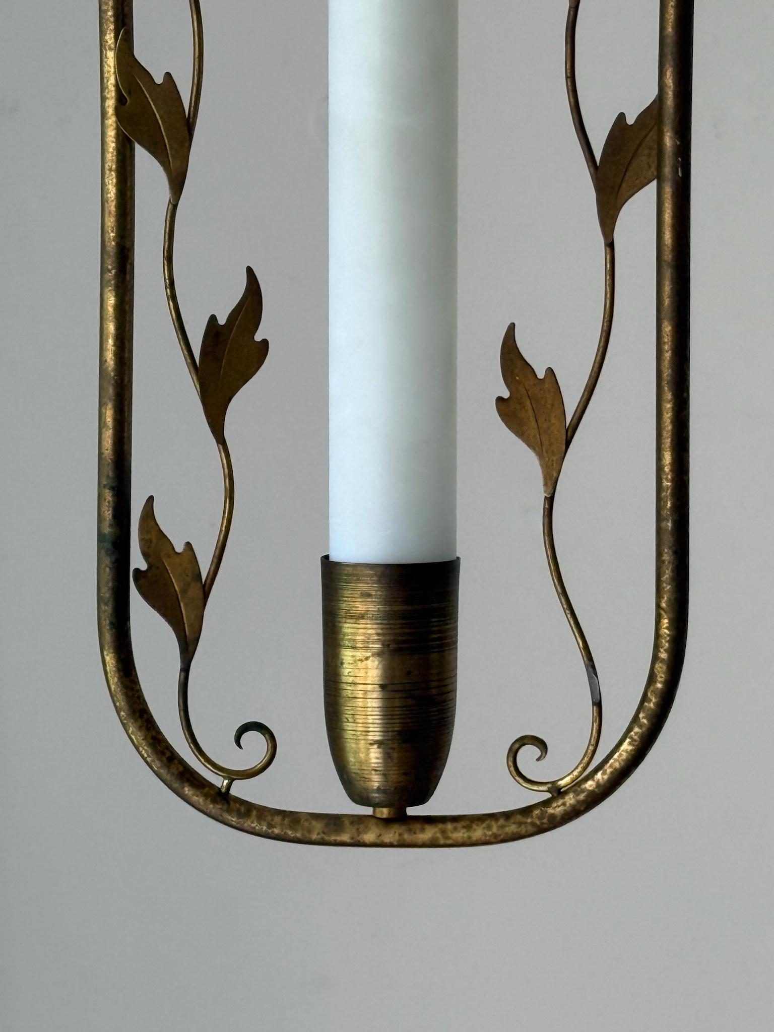 Swedish Brass Pendant Light with Leaf Decoration, Art Deco Style For Sale 3