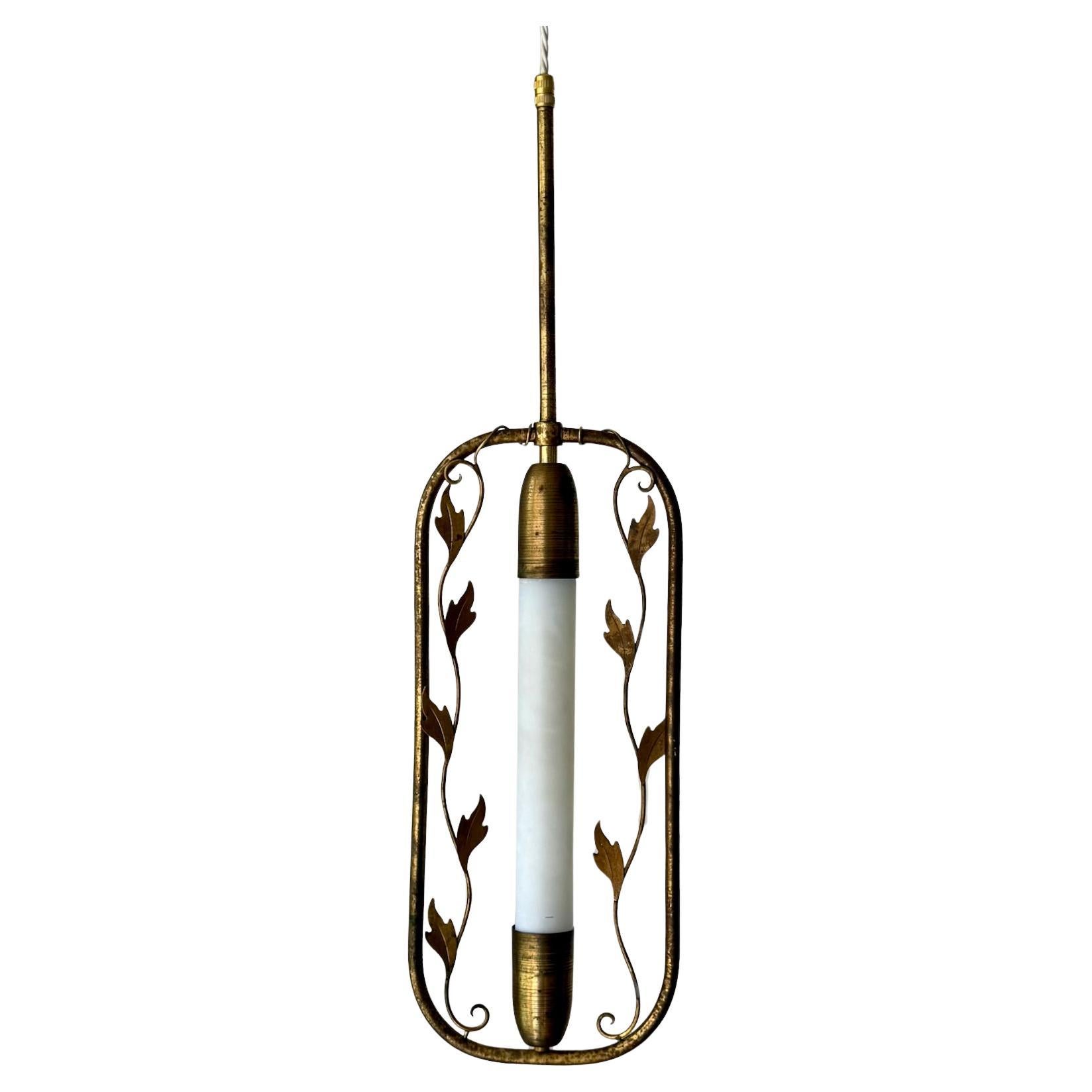 Swedish Brass Pendant Light with Leaf Decoration, Art Deco Style For Sale