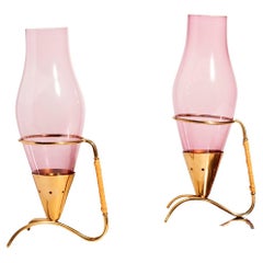 Swedish Brass, Rattan and Pale Amethyst Glass Candle Holders Set of Two