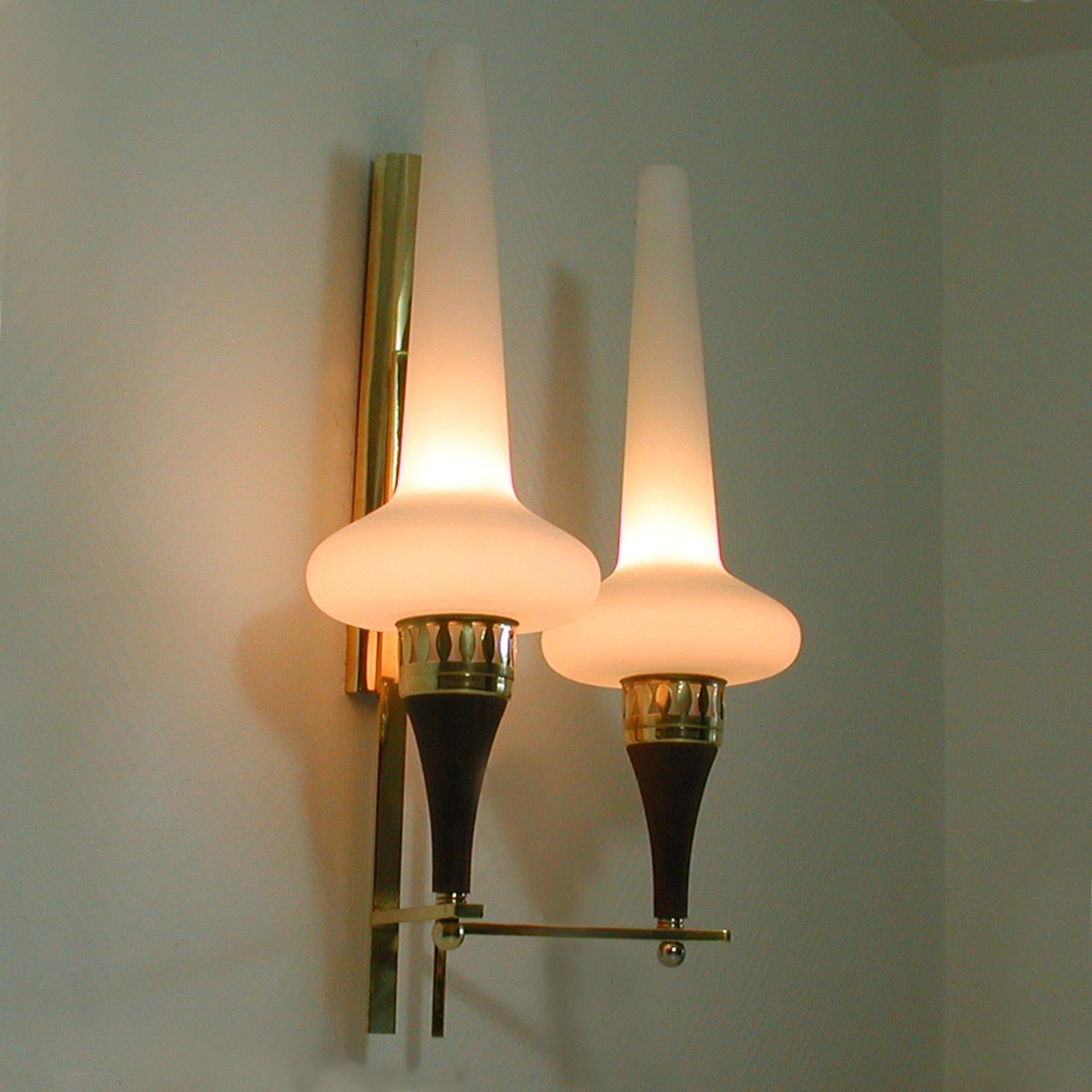 Swedish Brass Teak and Opaline Glass Wall Light Hans Bergström for ASEA, 1950s 3