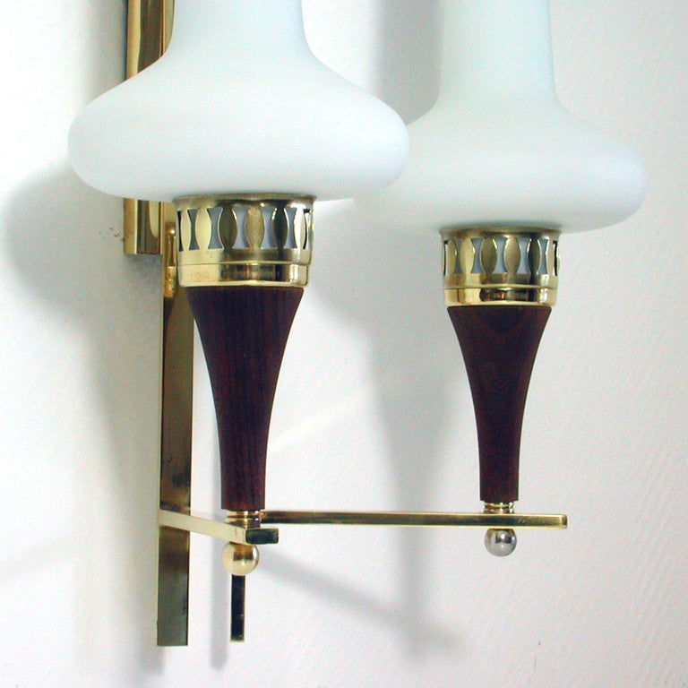 Mid-Century Modern Swedish Brass Teak and Opaline Glass Wall Light Hans Bergström for ASEA, 1950s For Sale