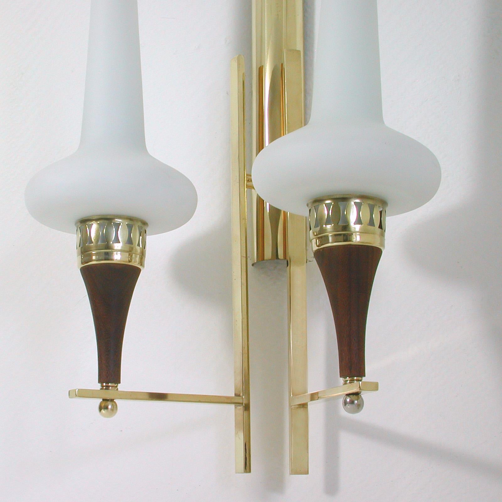 Mid-Century Modern Swedish Brass Teak and Opaline Glass Wall Light Hans Bergström for ASEA, 1950s
