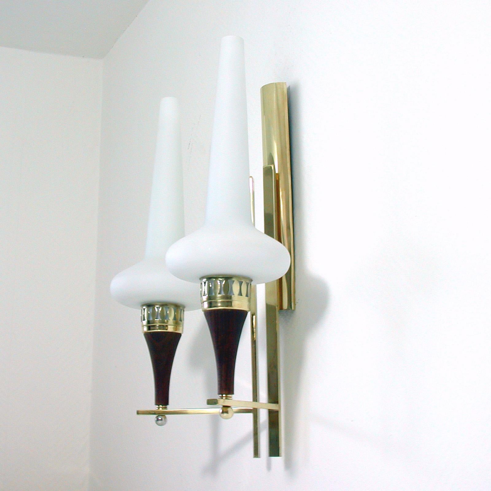 Lacquered Swedish Brass Teak and Opaline Glass Wall Light Hans Bergström for ASEA, 1950s For Sale