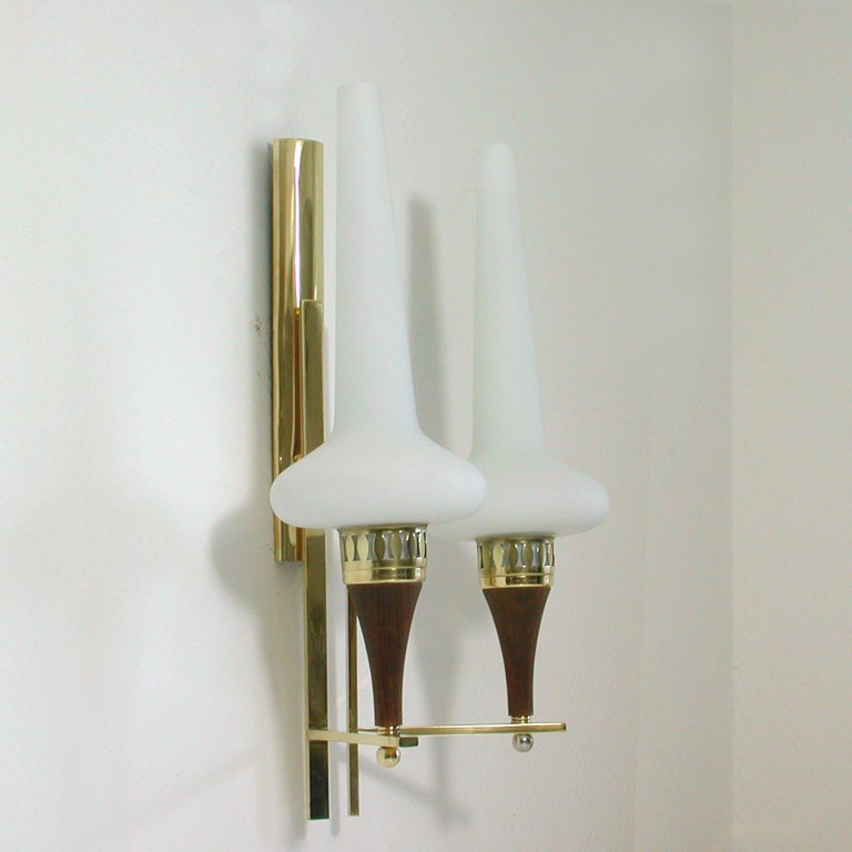 Mid-20th Century Swedish Brass Teak and Opaline Glass Wall Light Hans Bergström for ASEA, 1950s For Sale