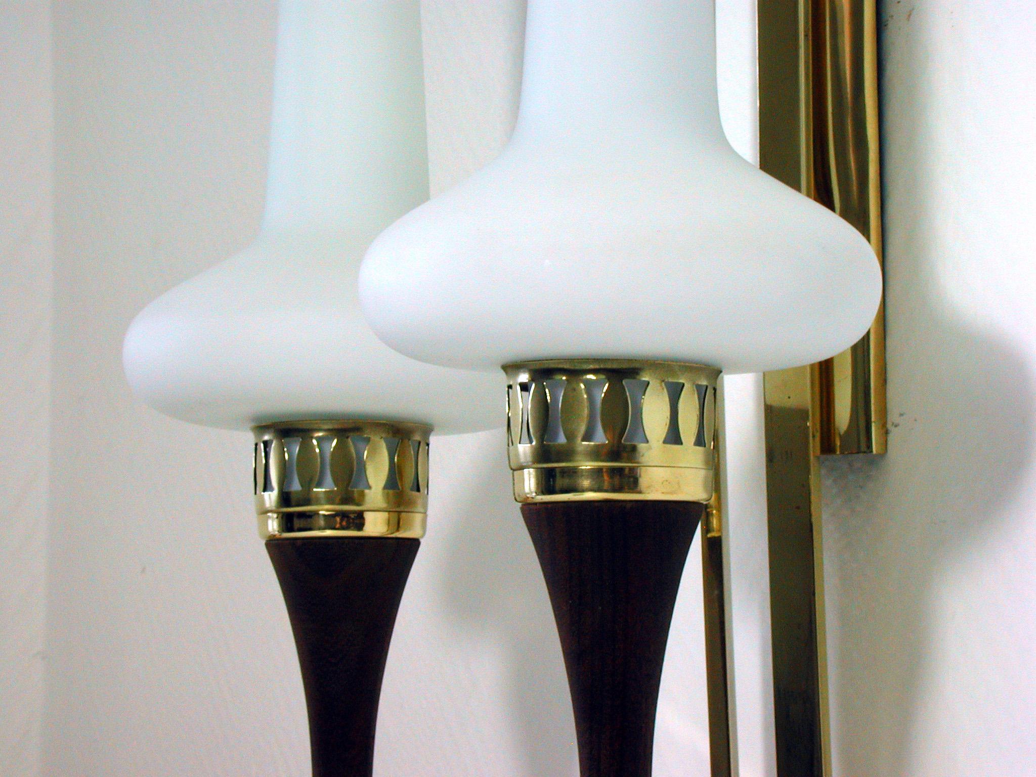 Mid-20th Century Swedish Brass Teak and Opaline Glass Wall Light Hans Bergström for ASEA, 1950s