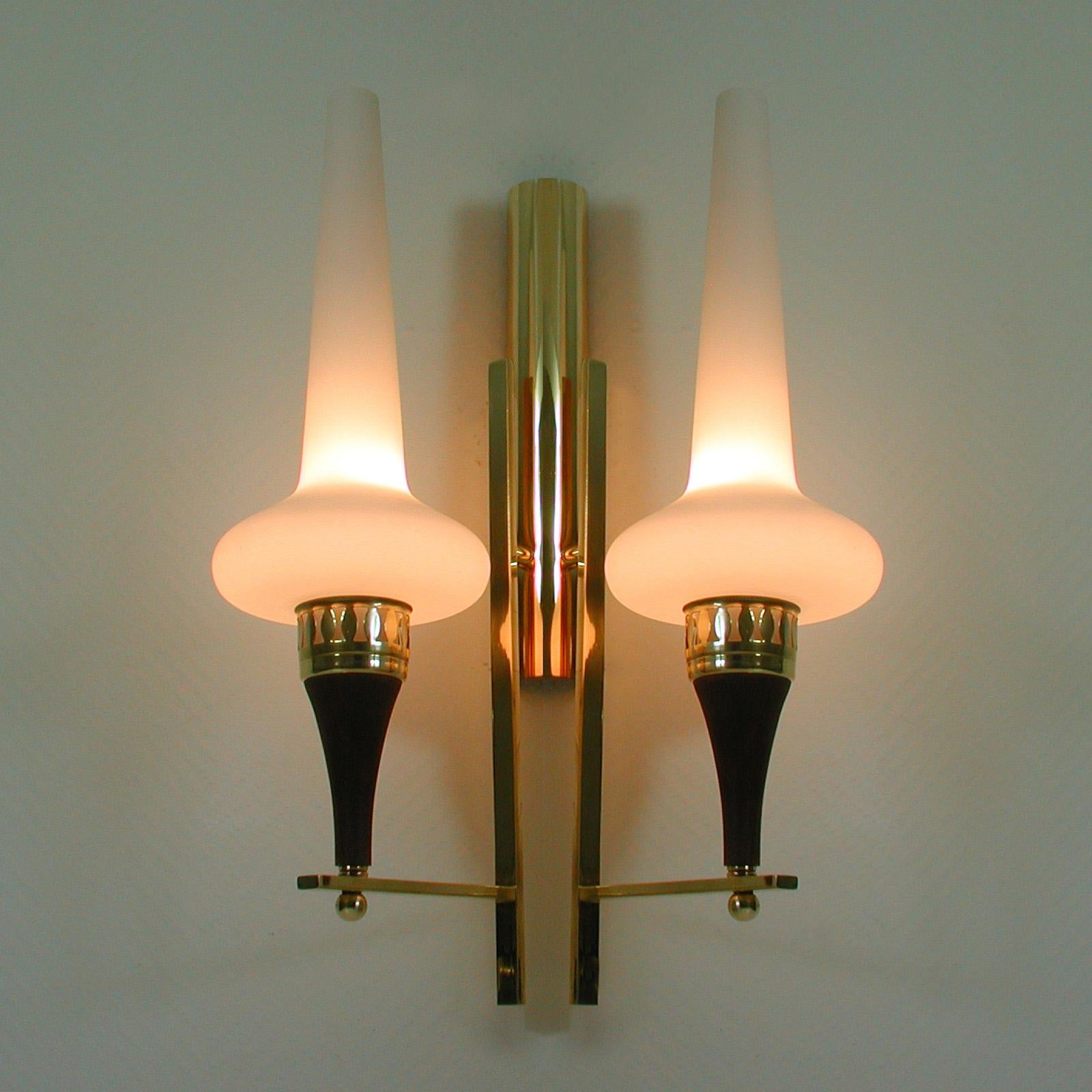Swedish Brass Teak and Opaline Glass Wall Light Hans Bergström for ASEA, 1950s For Sale 2