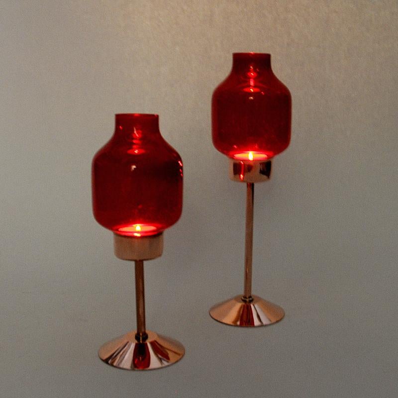 Scandinavian Modern Swedish Bronze Candle Holder Pair with Red Glassdomes by Gnosjö Konstmide 1960s For Sale
