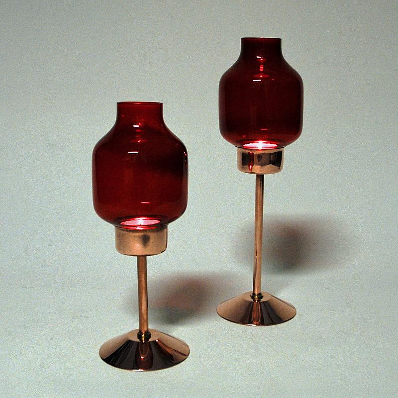 Copper Swedish Bronze Candle Holder Pair with Red Glassdomes by Gnosjö Konstmide 1960s For Sale