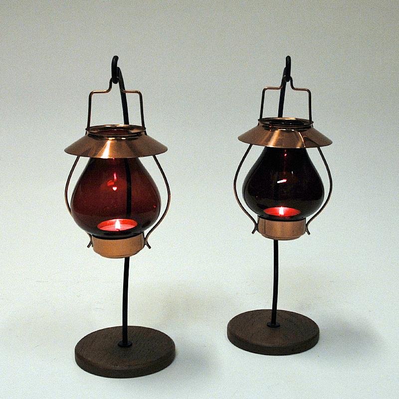Mid-20th Century Swedish bronze Candle holders with red glass by Gunnar Ander, Ystad Metall 1960s