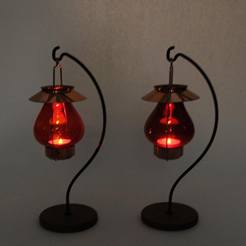Copper Swedish bronze Candle holders with red glass by Gunnar Ander, Ystad Metall 1960s