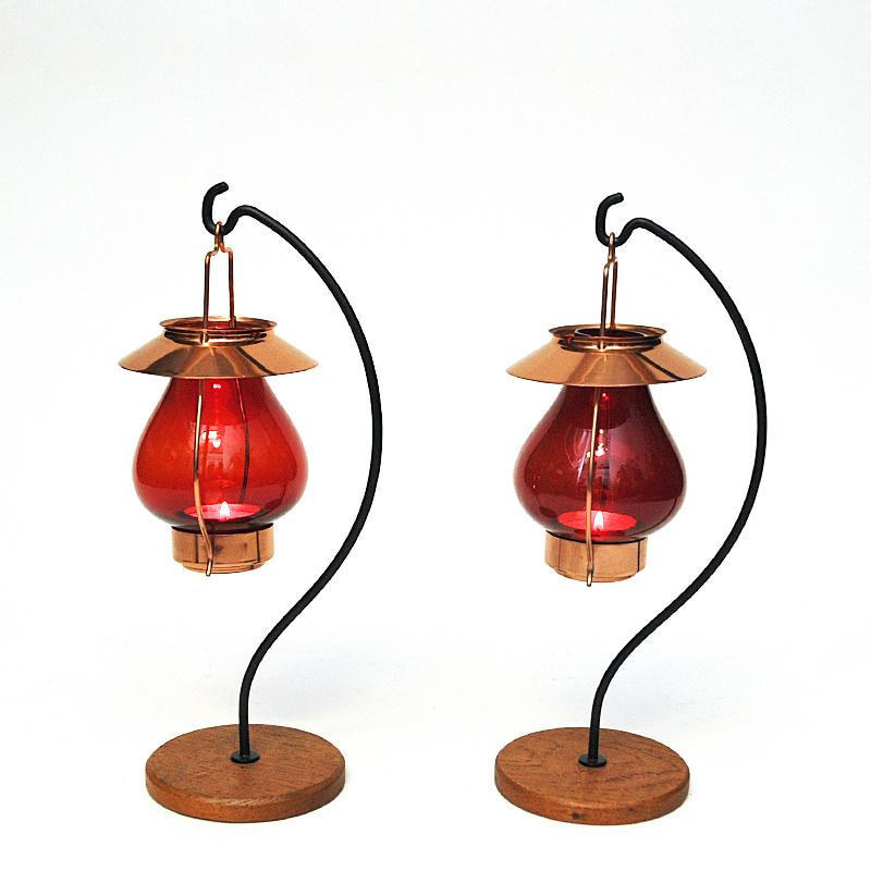 Swedish bronze Candle holders with red glass by Gunnar Ander, Ystad Metall 1960s 1
