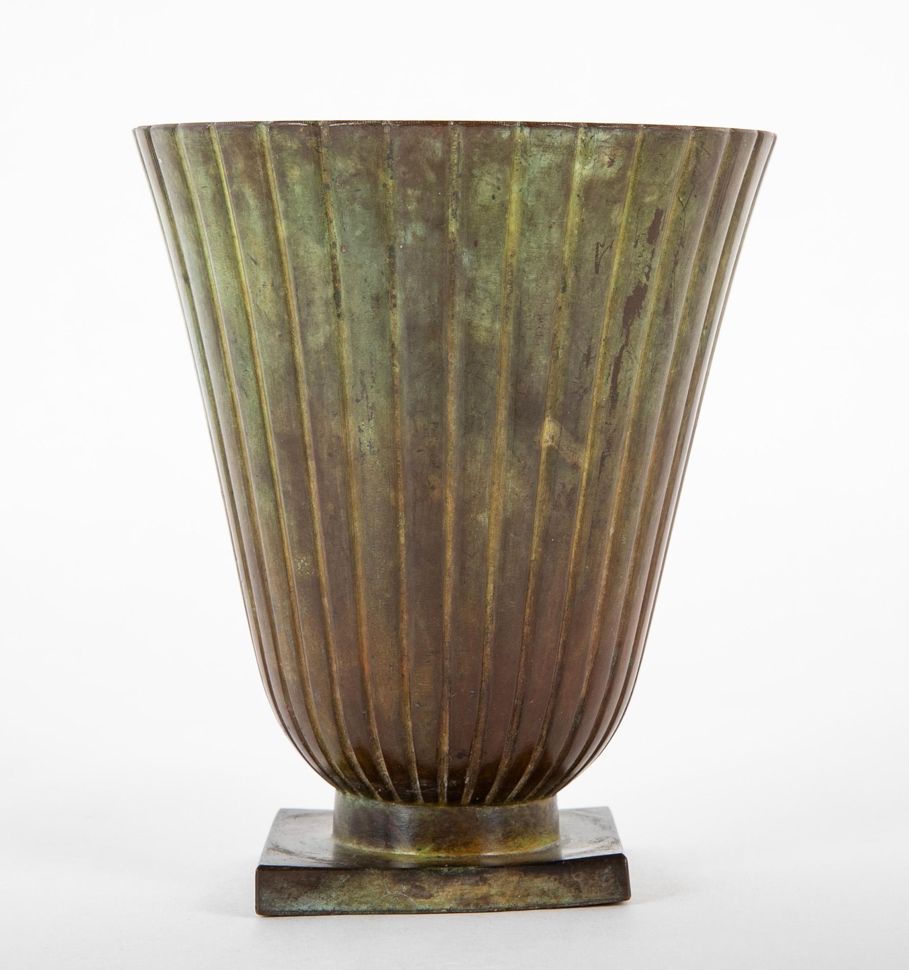 Art Deco Swedish Bronze Vase of Flared Form with Ribbed Body For Sale