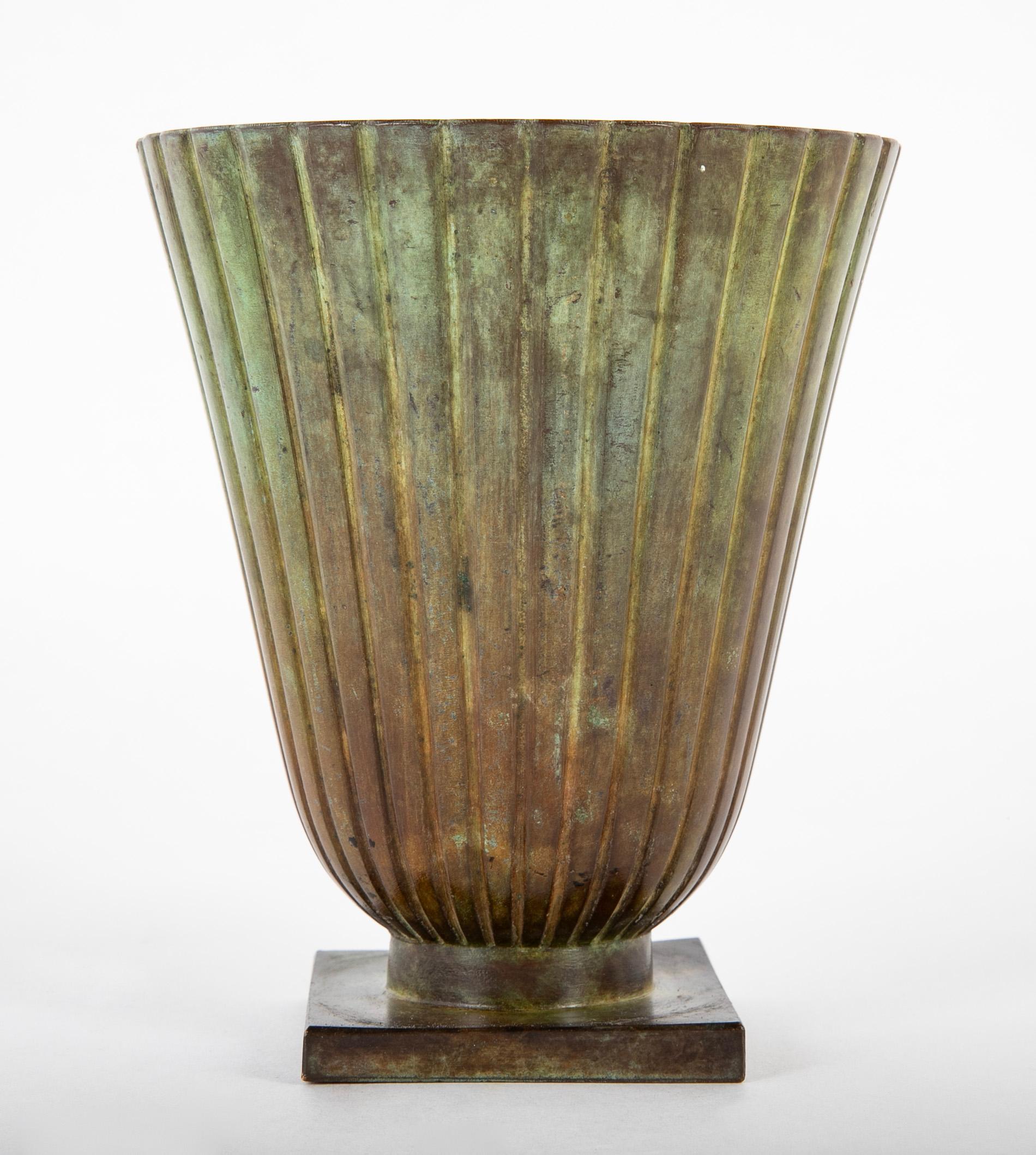 Patinated Swedish Bronze Vase of Flared Form with Ribbed Body For Sale