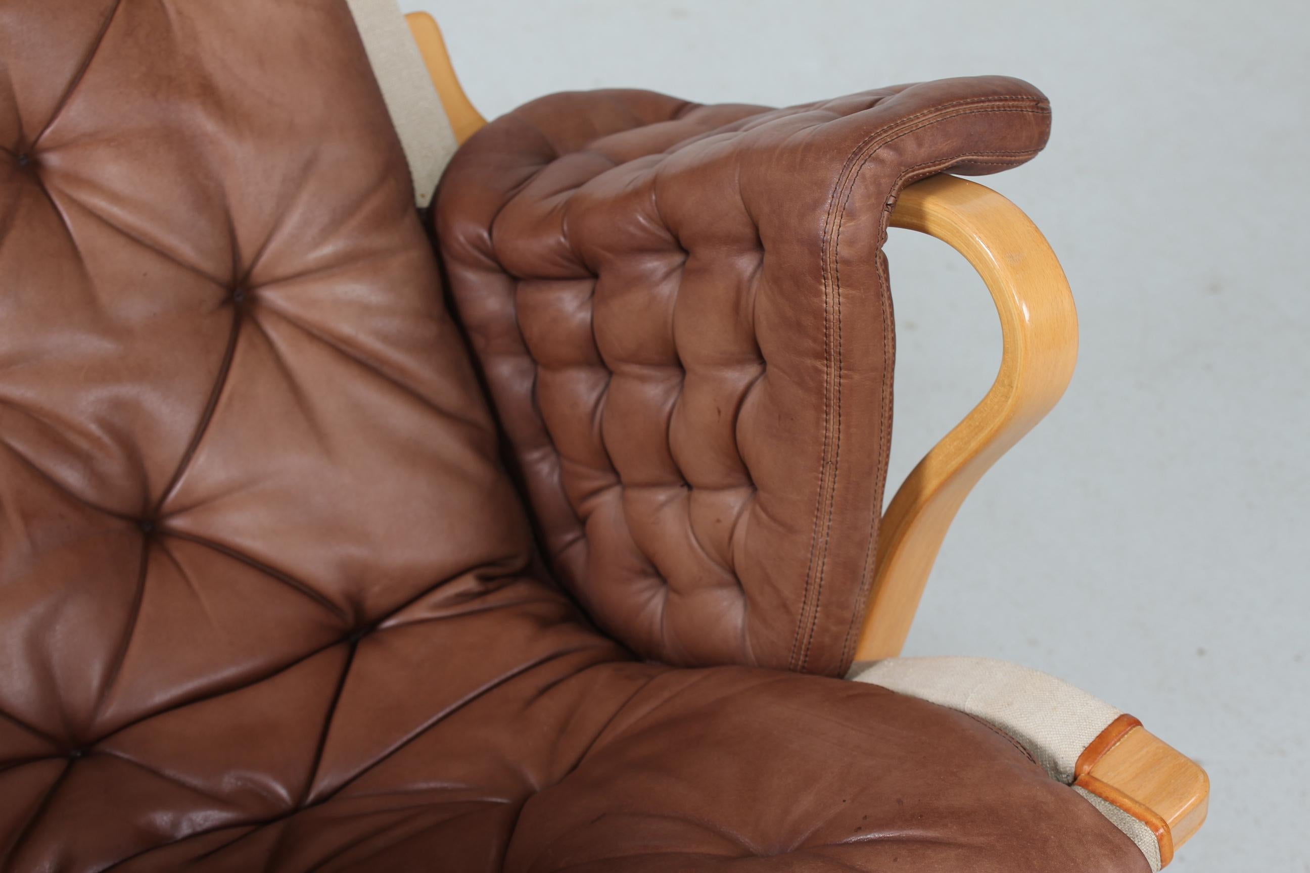 Mid-Century Modern Swedish Bruno Mathsson Pernilla Easy Chair of Beech and Cognac Colored Leather